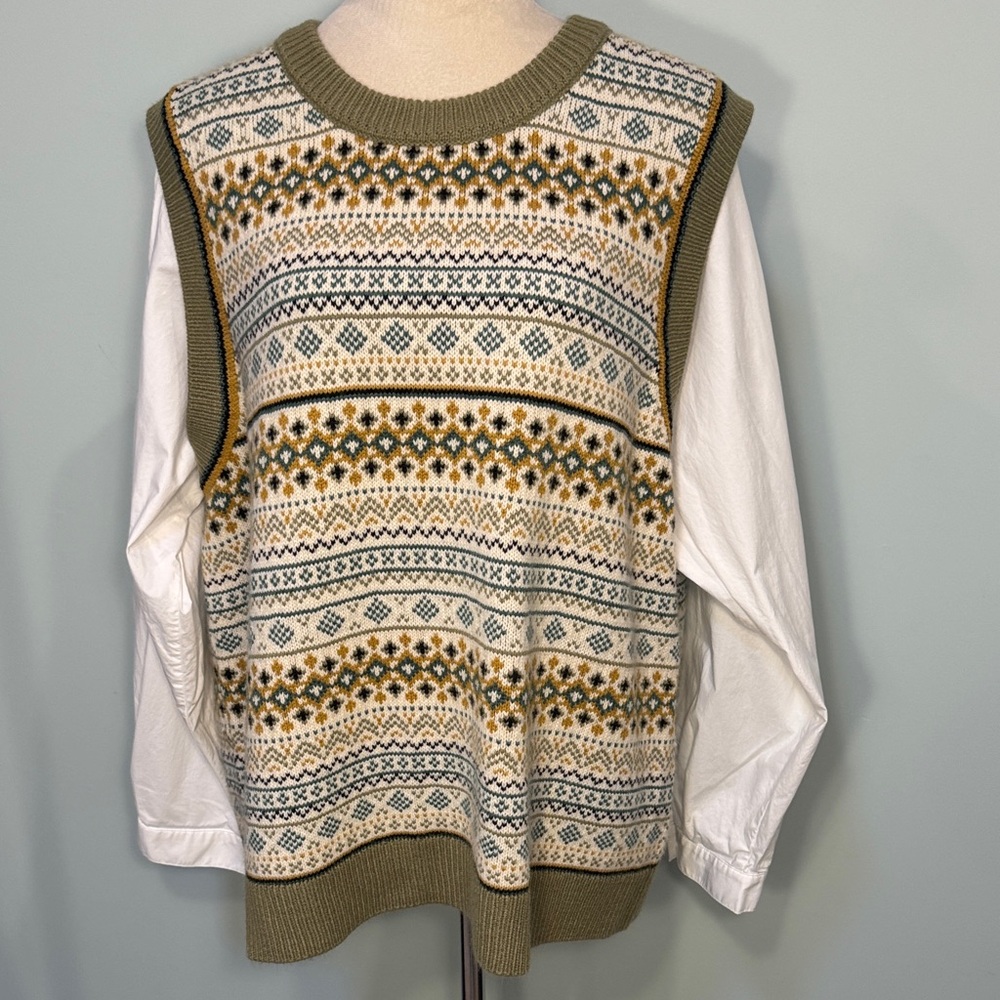 DKNY Olive and Cream Patterned Crewneck Sweater Size L/XL